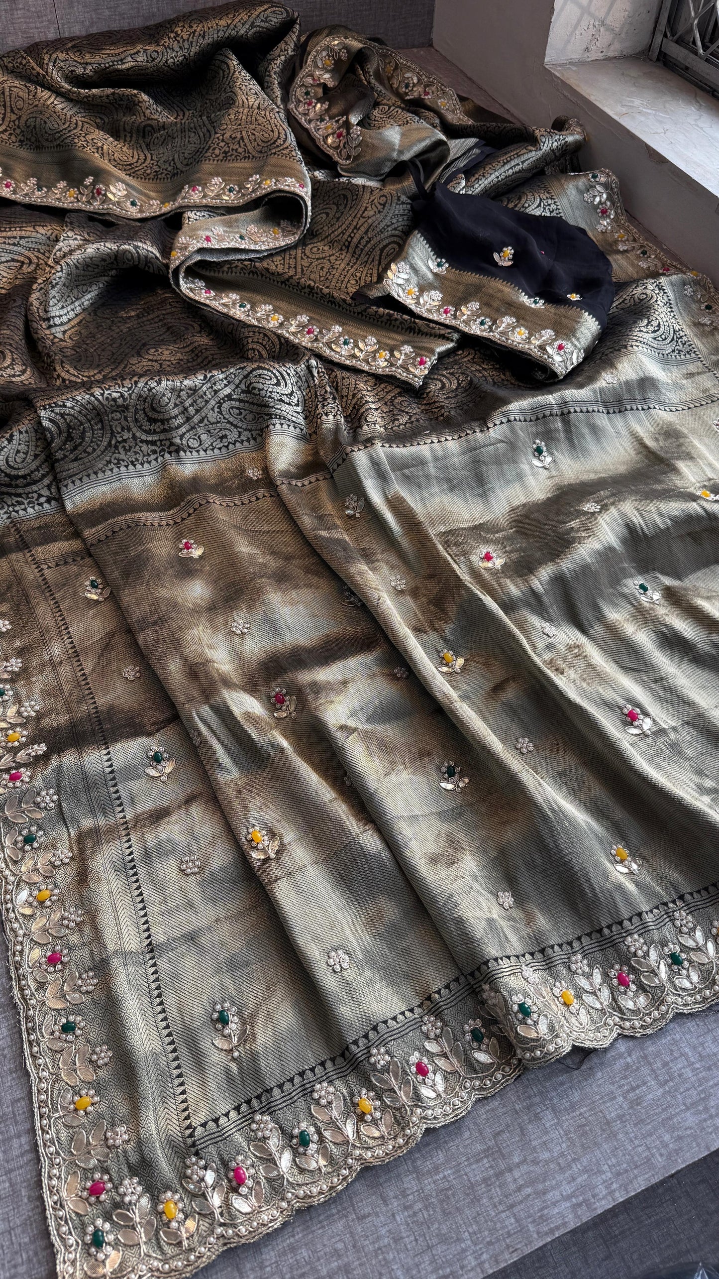 Pure Khaddi Georgette Silk Saree with Pearl & Zardozi Embroidery