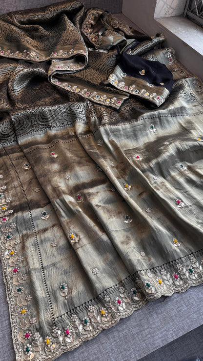 Pure Khaddi Georgette Silk Saree with Pearl & Zardozi Embroidery