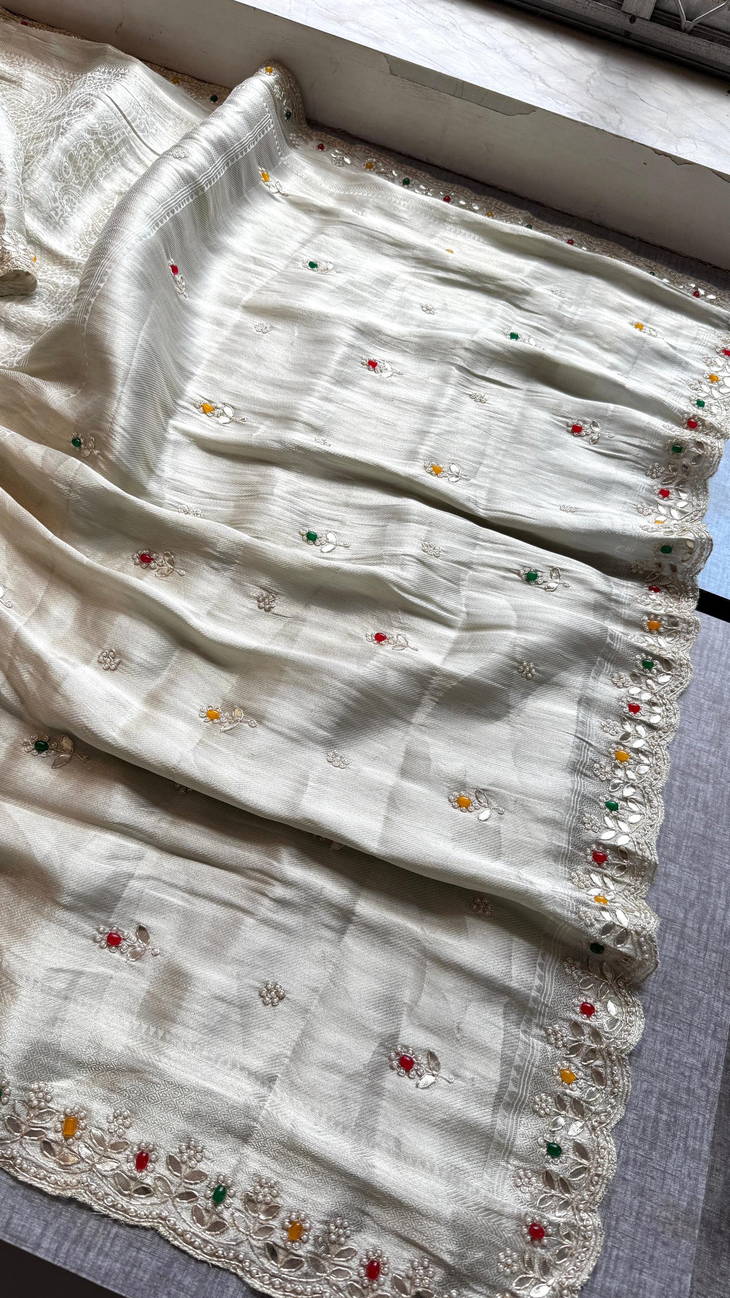 Pure Khaddi Georgette Silk Saree with Pearl & Zardozi Embroidery