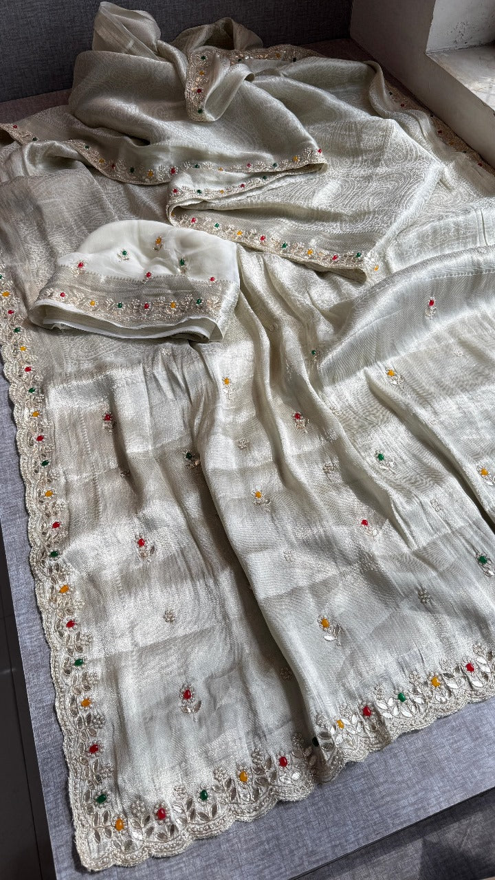 Pure Khaddi Georgette Silk Saree with Pearl & Zardozi Embroidery