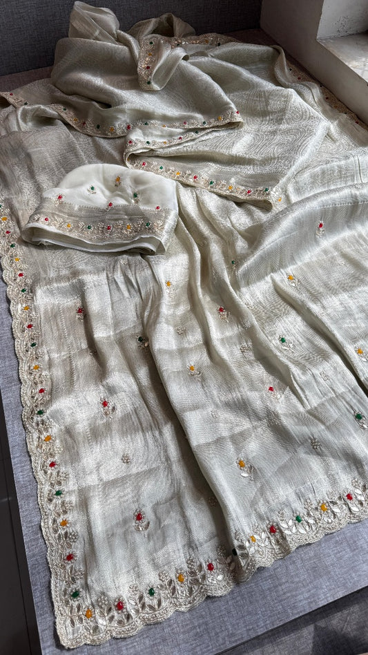 Pure Khaddi Georgette Silk Saree with Pearl & Zardozi Embroidery