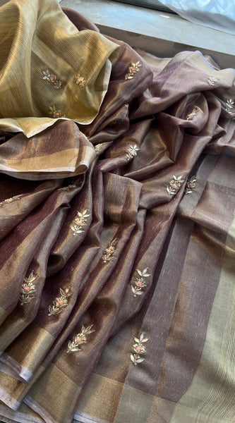 Tissue Linen Banarasi Silk Saree with Pearl & Resham Work