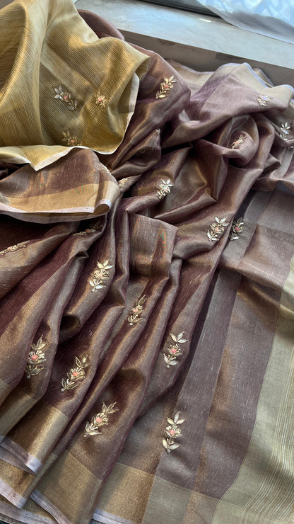 Tissue Linen Banarasi Silk Saree with Pearl & Resham Work