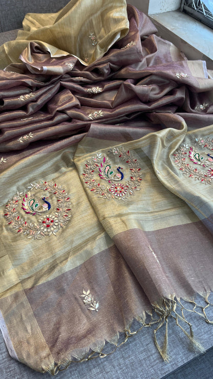 Tissue Linen Banarasi Silk Saree with Pearl & Resham Work