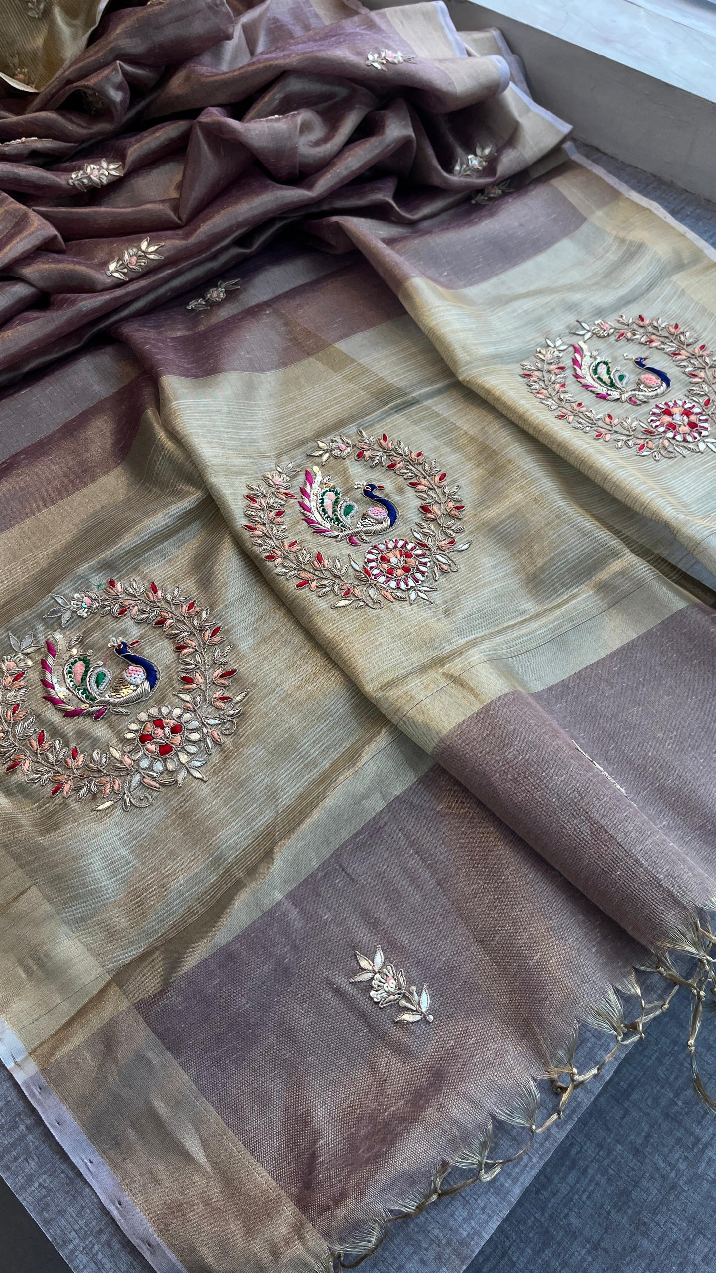 Tissue Linen Banarasi Silk Saree with Pearl & Resham Work