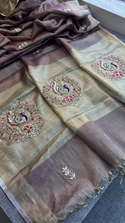Tissue Linen Banarasi Silk Saree with Pearl & Resham Work