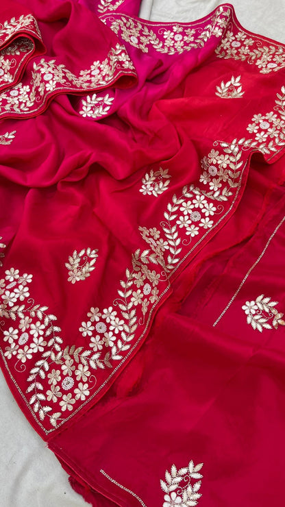 Pure Munga Silk Saree with Gotapatti, Zardozi, Kutdana and Pearl Work