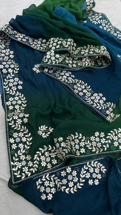 Pure Munga Silk Saree with Gotapatti, Zardozi, Kutdana and Pearl Work