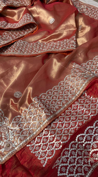 Pure Handloom Zari Tissue Silk Saree with Zardozi, Pearl, Sequins & Gotapatti Work
