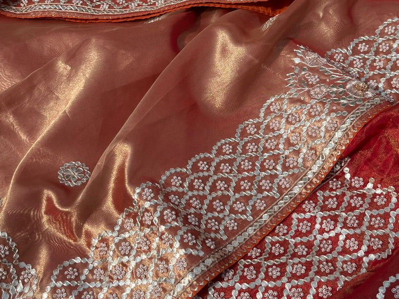 Pure Handloom Zari Tissue Silk Saree with Zardozi, Pearl, Sequins & Gotapatti Work