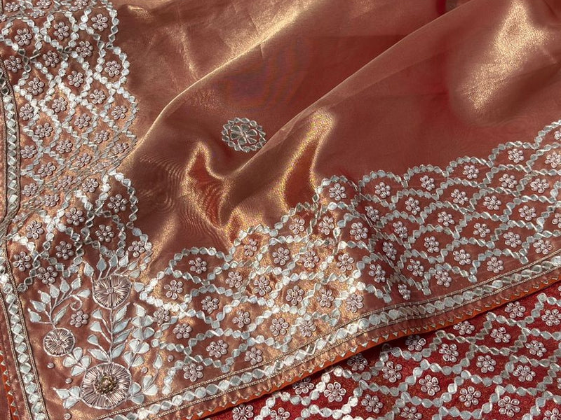 Pure Handloom Zari Tissue Silk Saree with Zardozi, Pearl, Sequins & Gotapatti Work