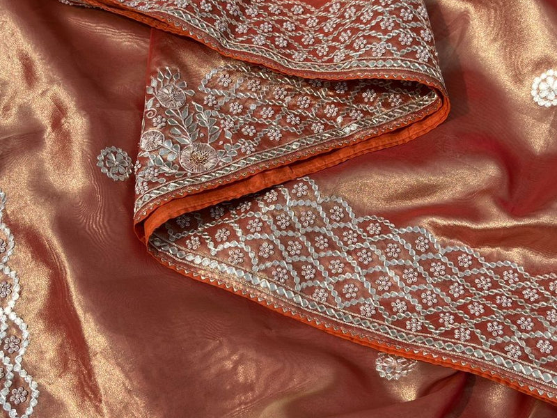 Pure Handloom Zari Tissue Silk Saree with Zardozi, Pearl, Sequins & Gotapatti Work