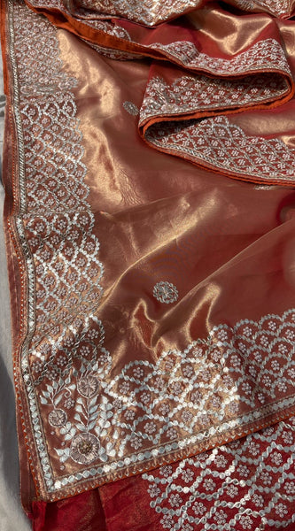 Pure Handloom Zari Tissue Silk Saree with Zardozi, Pearl, Sequins & Gotapatti Work