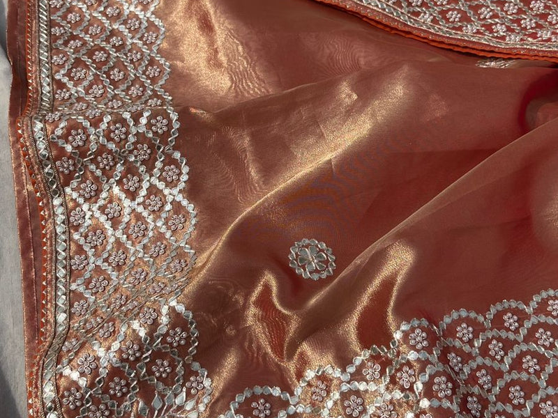 Pure Handloom Zari Tissue Silk Saree with Zardozi, Pearl, Sequins & Gotapatti Work