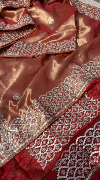 Pure Handloom Zari Tissue Silk Saree with Zardozi, Pearl, Sequins & Gotapatti Work