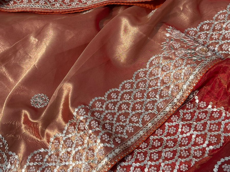 Pure Handloom Zari Tissue Silk Saree with Zardozi, Pearl, Sequins & Gotapatti Work