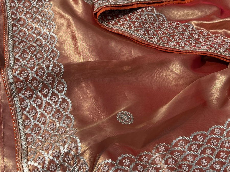 Pure Handloom Zari Tissue Silk Saree with Zardozi, Pearl, Sequins & Gotapatti Work
