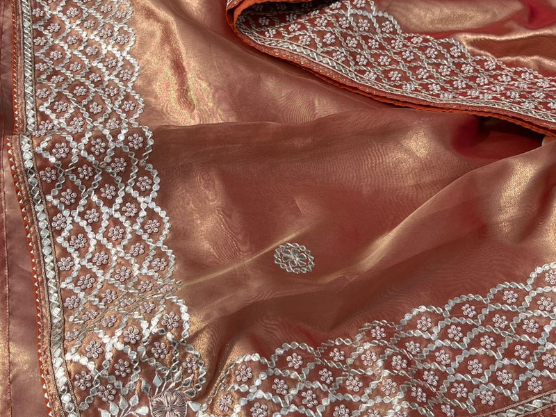 Pure Handloom Zari Tissue Silk Saree with Zardozi, Pearl, Sequins & Gotapatti Work