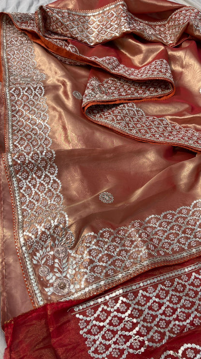 Pure Handloom Zari Tissue Silk Saree with Zardozi, Pearl, Sequins & Gotapatti Work