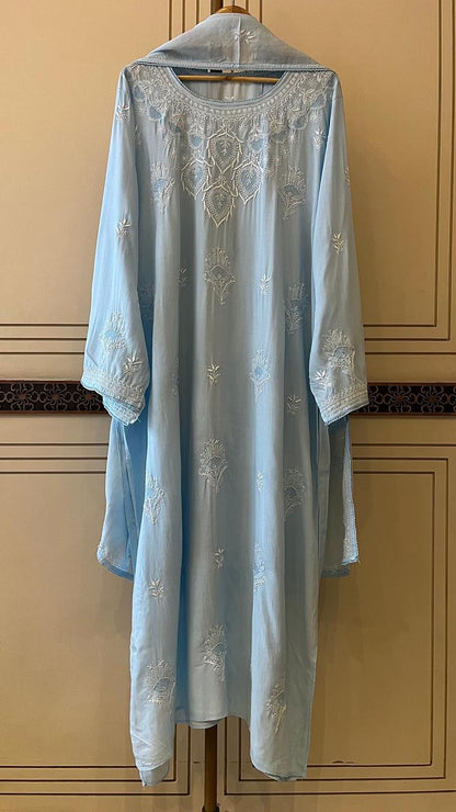 Pure Mulmul Semi-Stitched Kurta Dupatta Set with Jaali Motifs