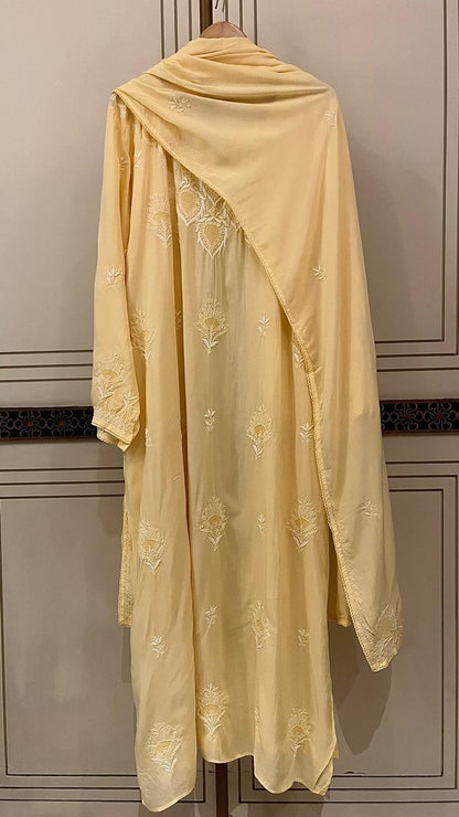 Pure Mulmul Semi-Stitched Kurta Dupatta Set with Jaali Motifs