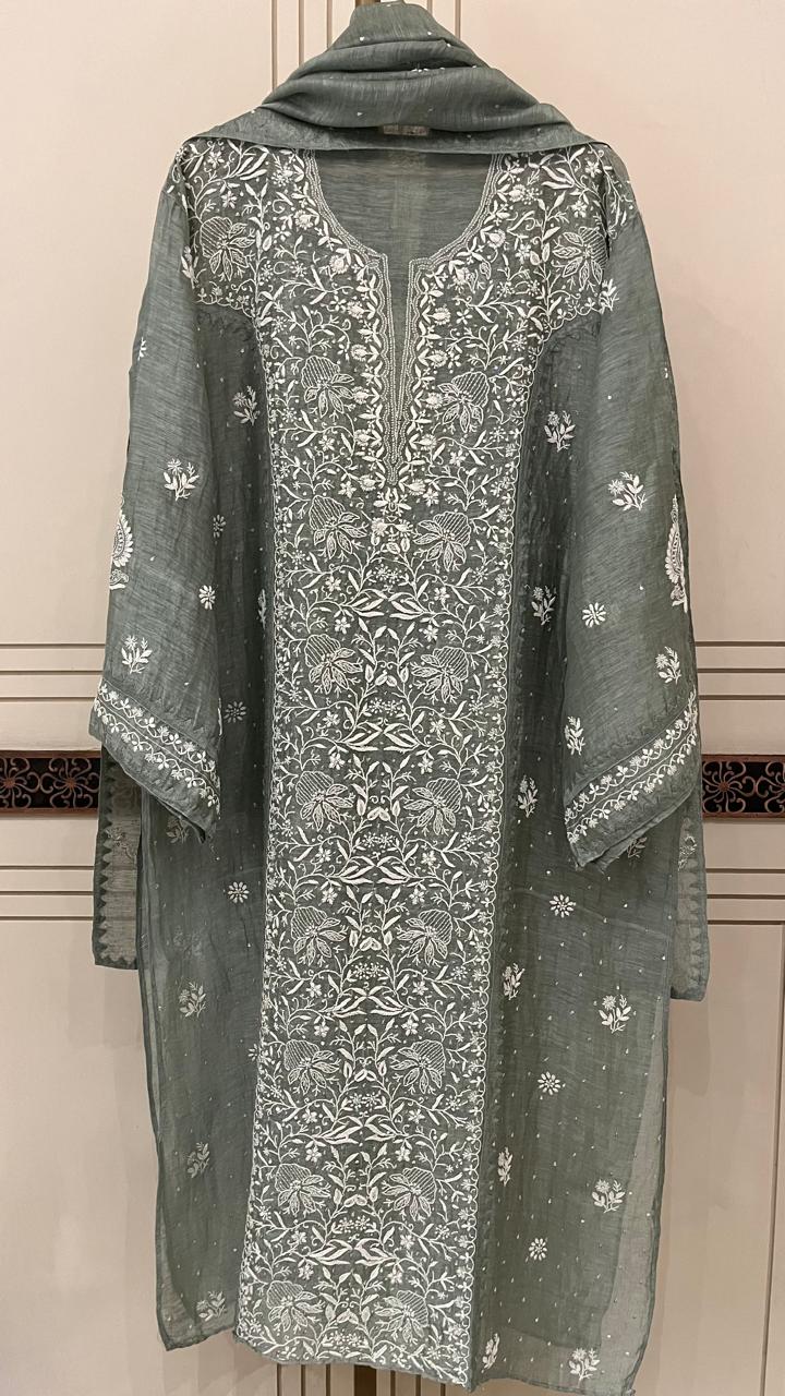 Pure Silk Linen Semi-Stitched Kurta Dupatta Set