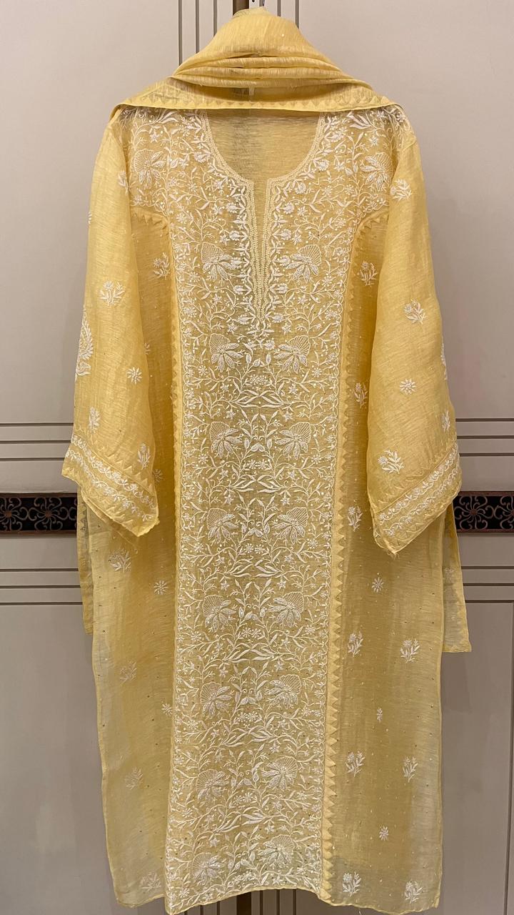 Pure Silk Linen Semi-Stitched Kurta Dupatta Set