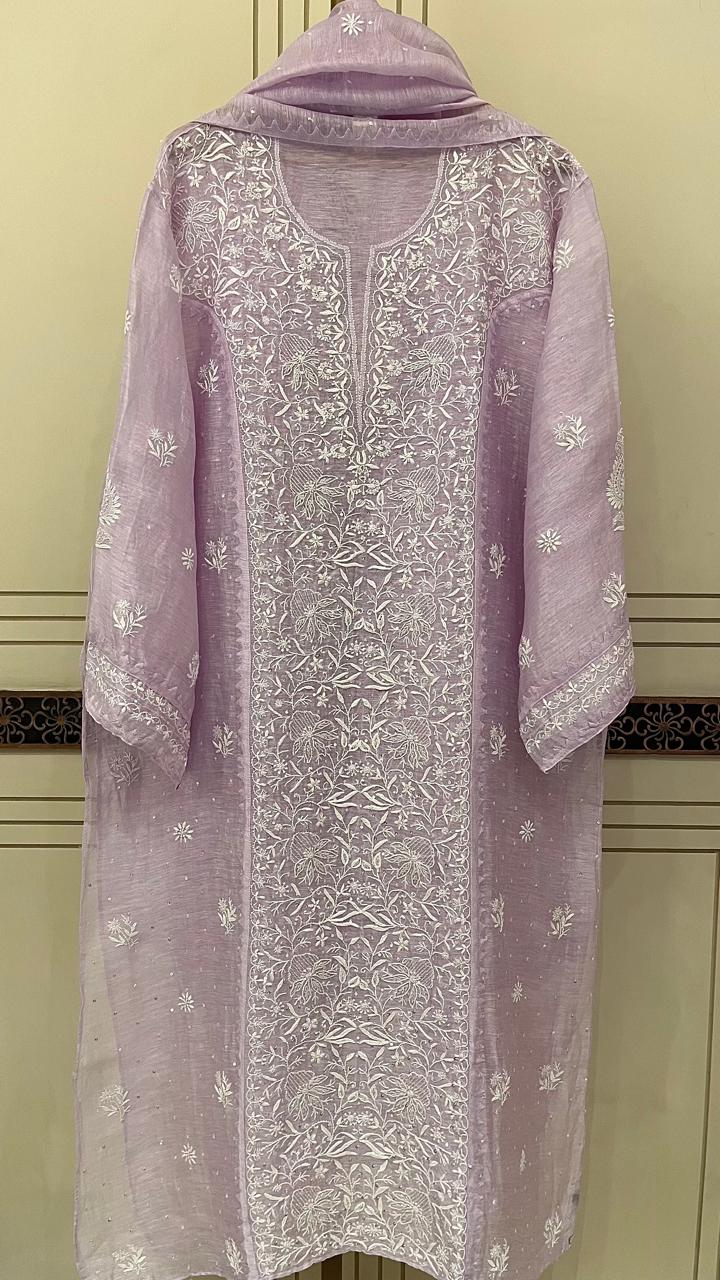 Pure Silk Linen Semi-Stitched Kurta Dupatta Set