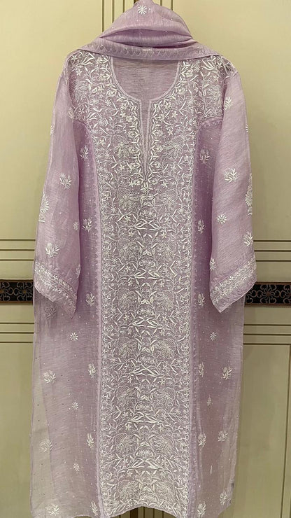 Pure Silk Linen Semi-Stitched Kurta Dupatta Set