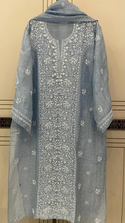 Pure Silk Linen Semi-Stitched Kurta Dupatta Set