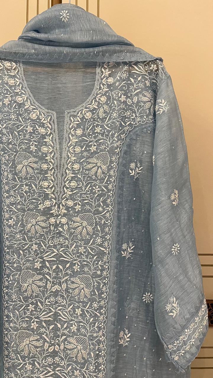 Pure Silk Linen Semi-Stitched Kurta Dupatta Set