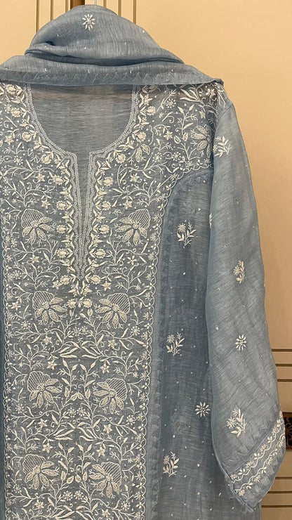 Pure Silk Linen Semi-Stitched Kurta Dupatta Set