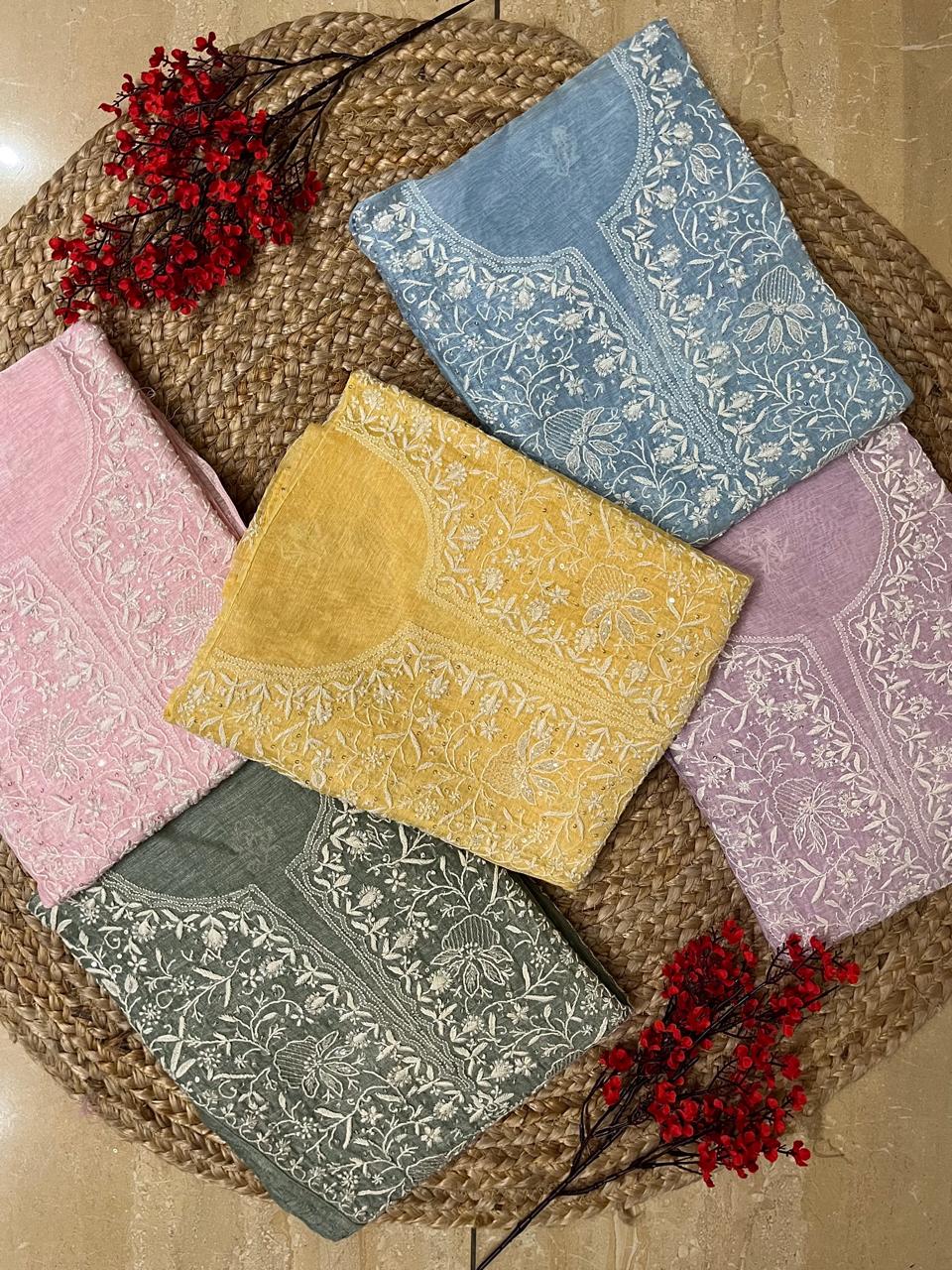 Pure Silk Linen Semi-Stitched Kurta Dupatta Set