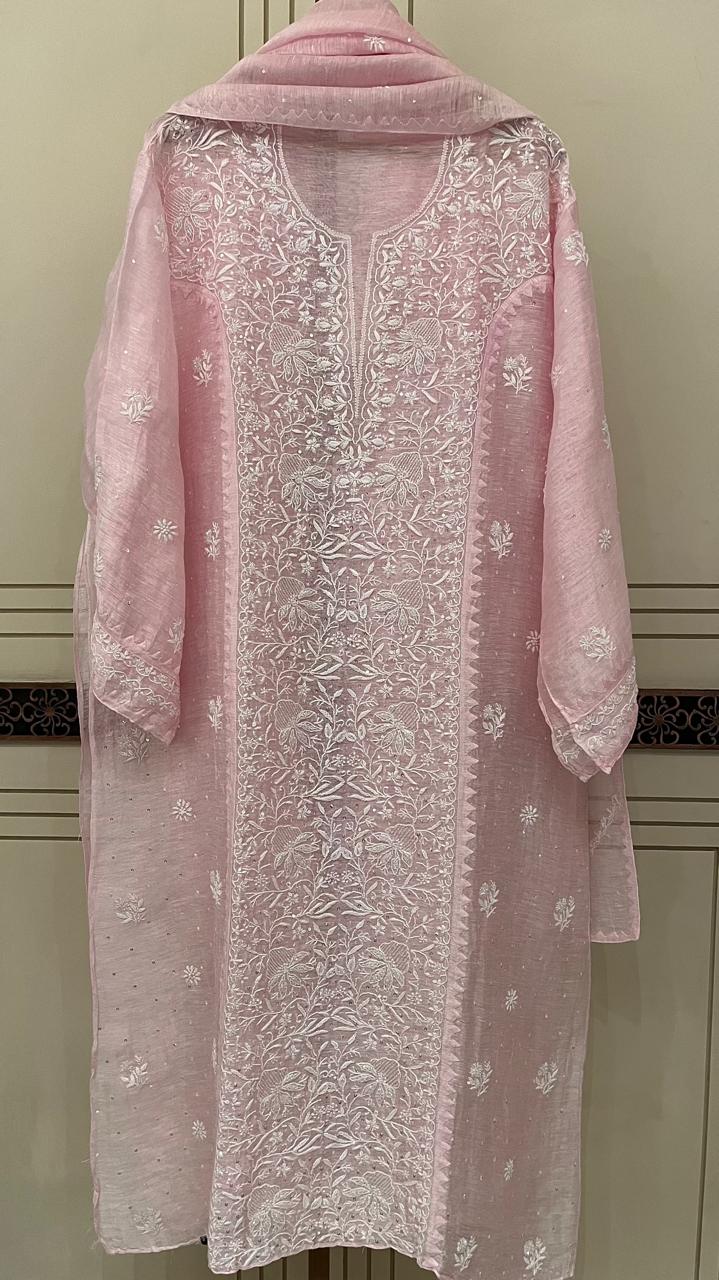 Pure Silk Linen Semi-Stitched Kurta Dupatta Set