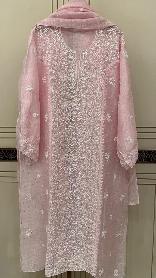 Pure Silk Linen Semi-Stitched Kurta Dupatta Set