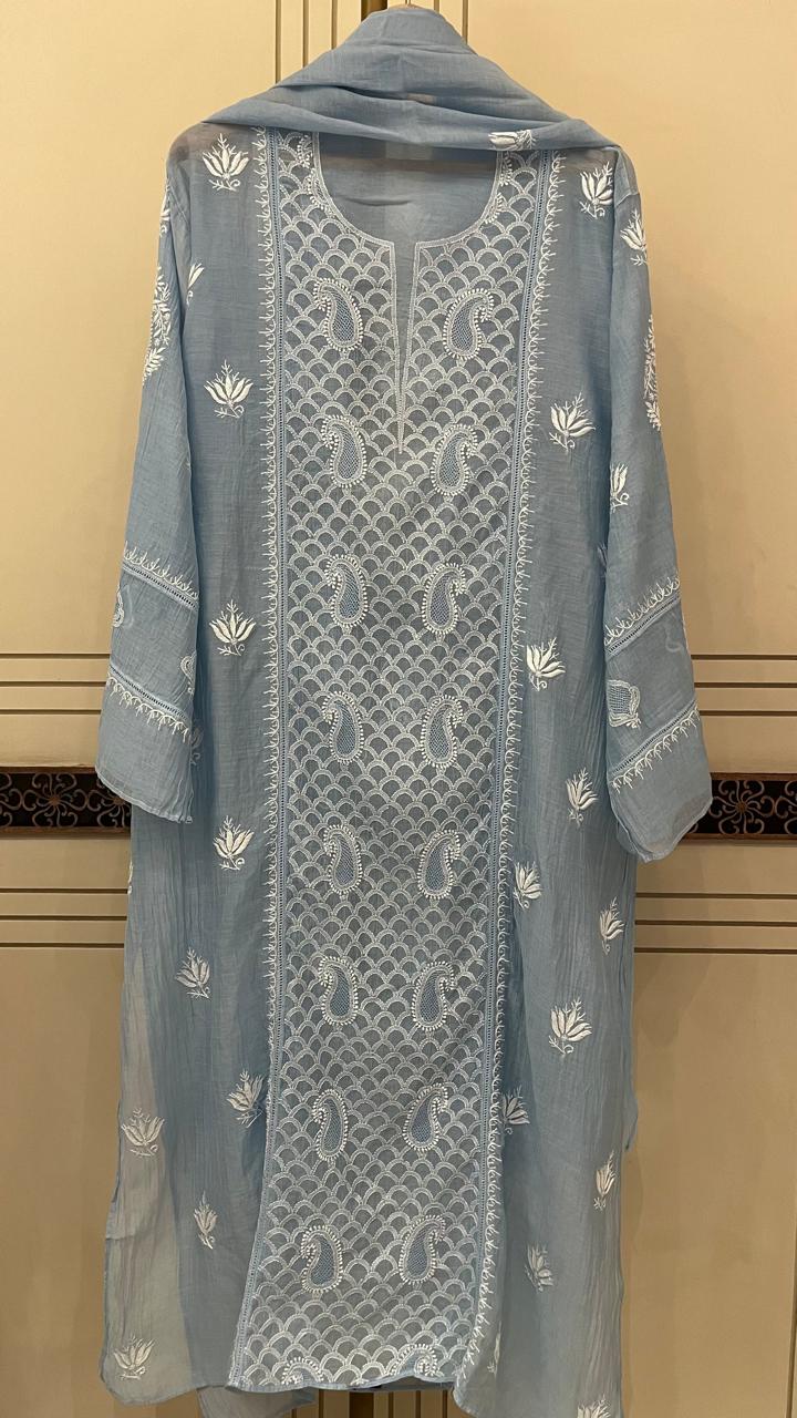 Pure Mul Chanderi Semi-Stitched Kurta Dupatta Set