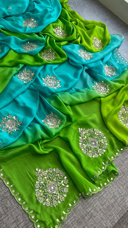 Elegant Zardozi & Pearl Embellished Chinon Crepe Saree