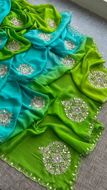 Elegant Zardozi & Pearl Embellished Chinon Crepe Saree