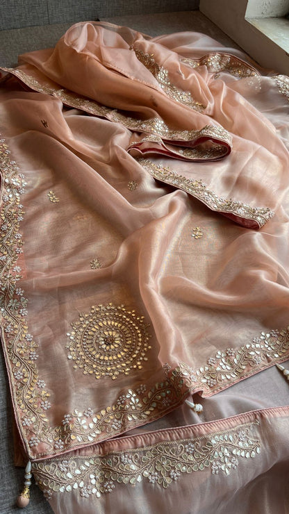 Soft Tissue Silk Saree with Gotapatti, Zardozi & Pearl Embellishments