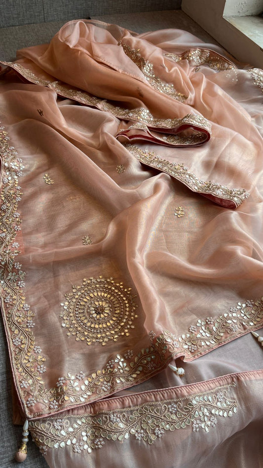 Soft Tissue Silk Saree with Gotapatti, Zardozi & Pearl Embellishments