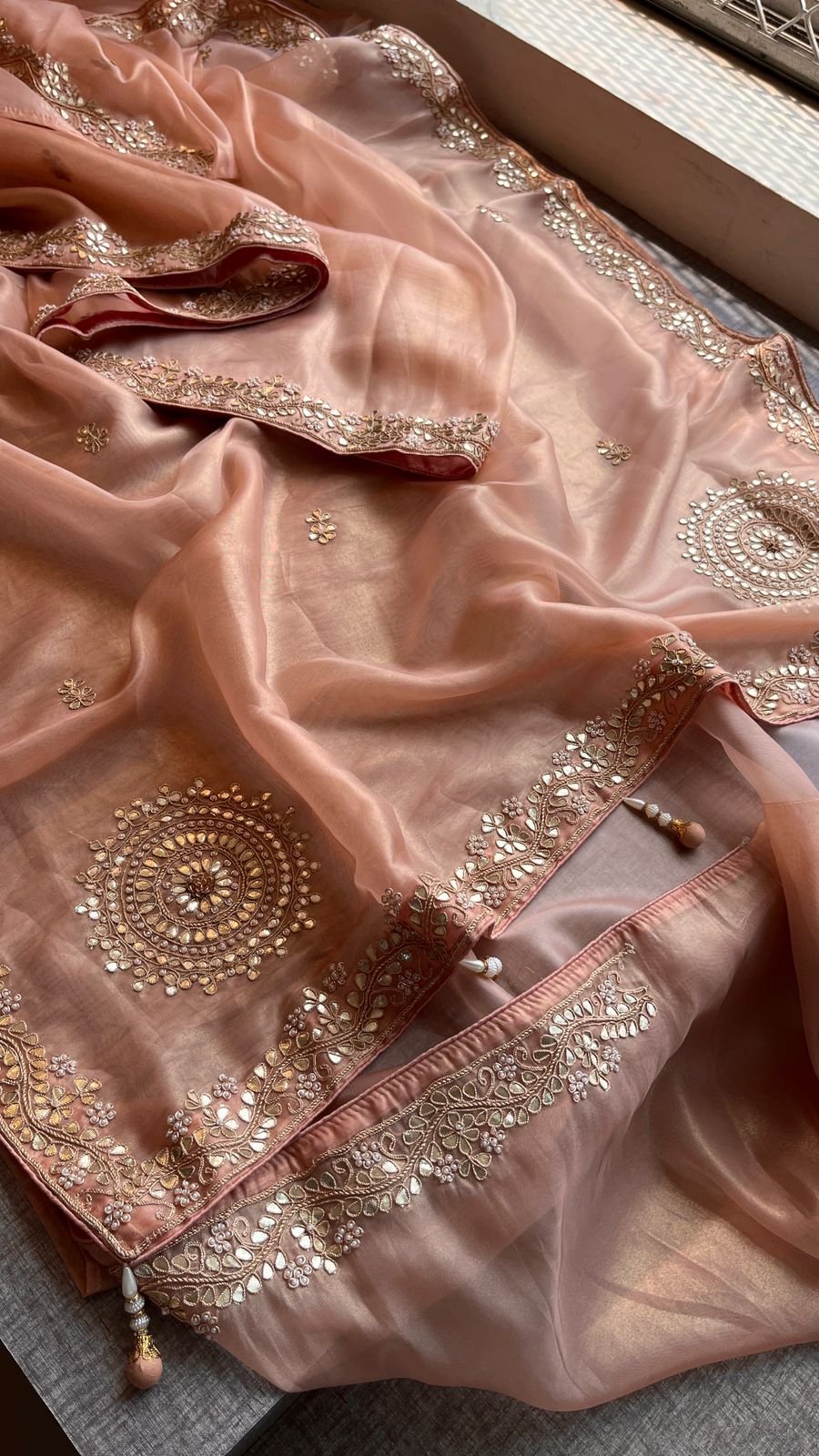 Soft Tissue Silk Saree with Gotapatti, Zardozi & Pearl Embellishments