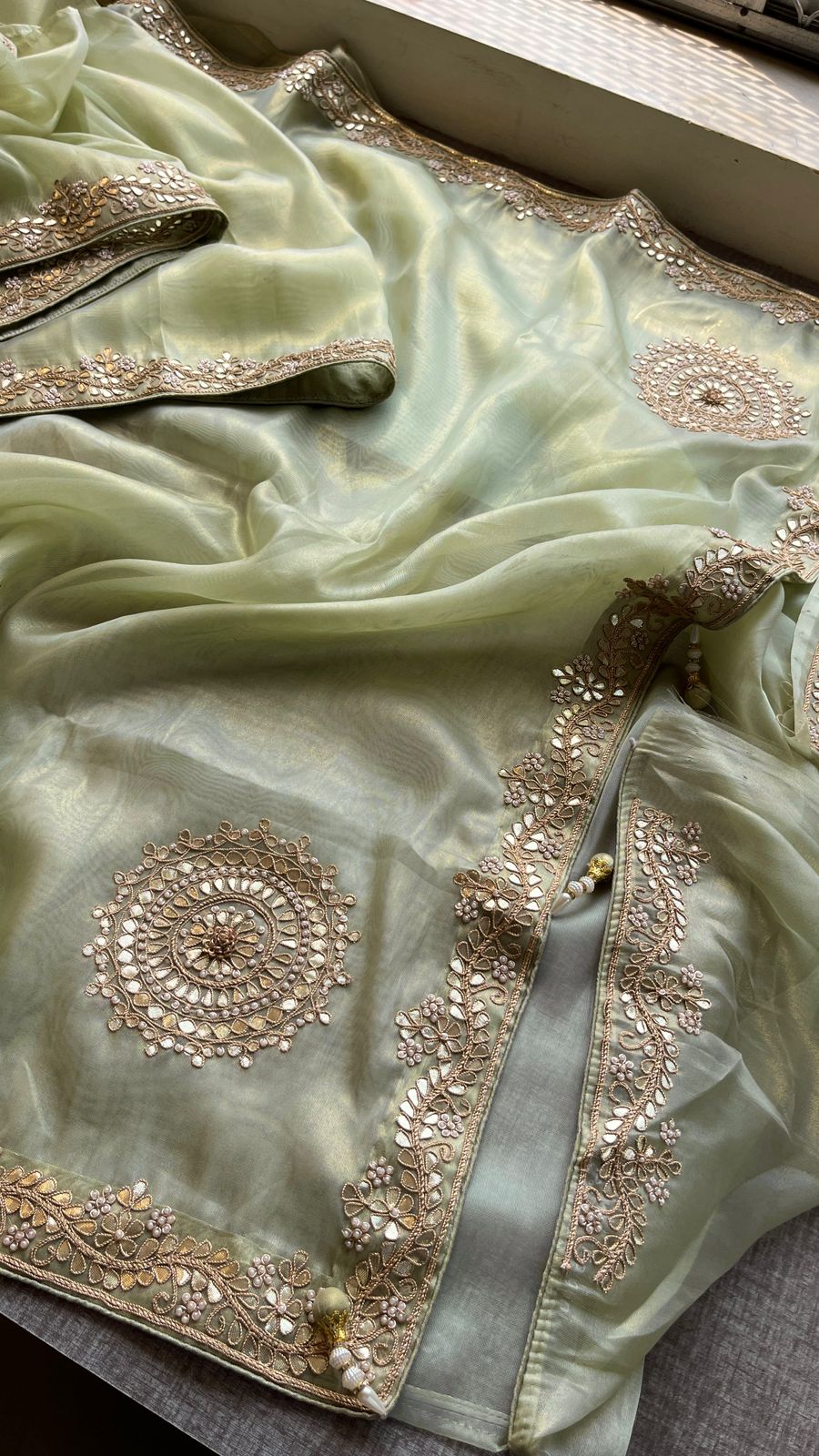 Soft Tissue Silk Saree with Gotapatti, Zardozi & Pearl Embellishments
