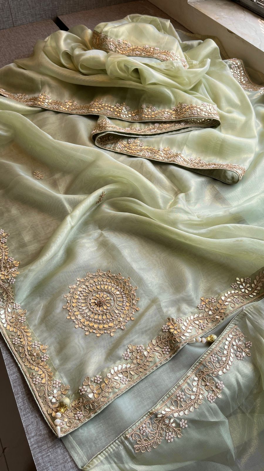 Soft Tissue Silk Saree with Gotapatti, Zardozi & Pearl Embellishments