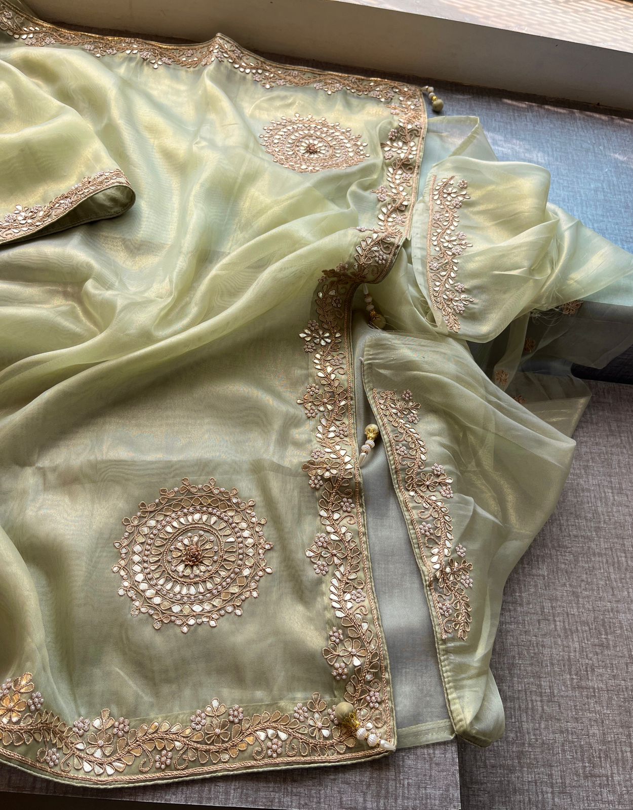 Soft Tissue Silk Saree with Gotapatti, Zardozi & Pearl Embellishments