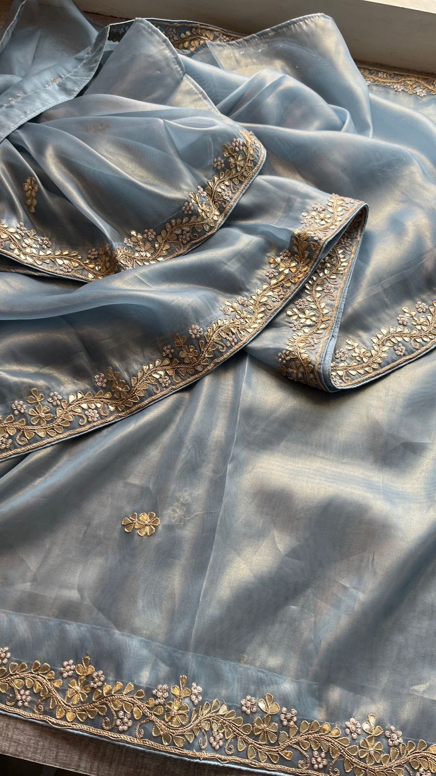 Soft Tissue Silk Saree with Gotapatti, Zardozi & Pearl Embellishments