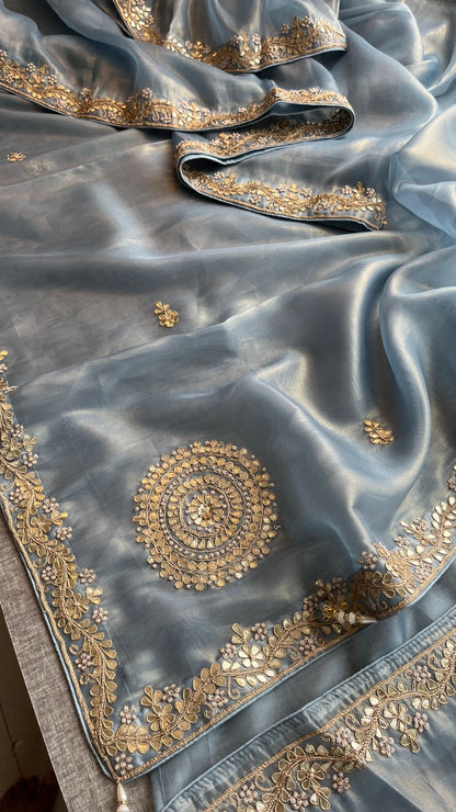 Soft Tissue Silk Saree with Gotapatti, Zardozi & Pearl Embellishments