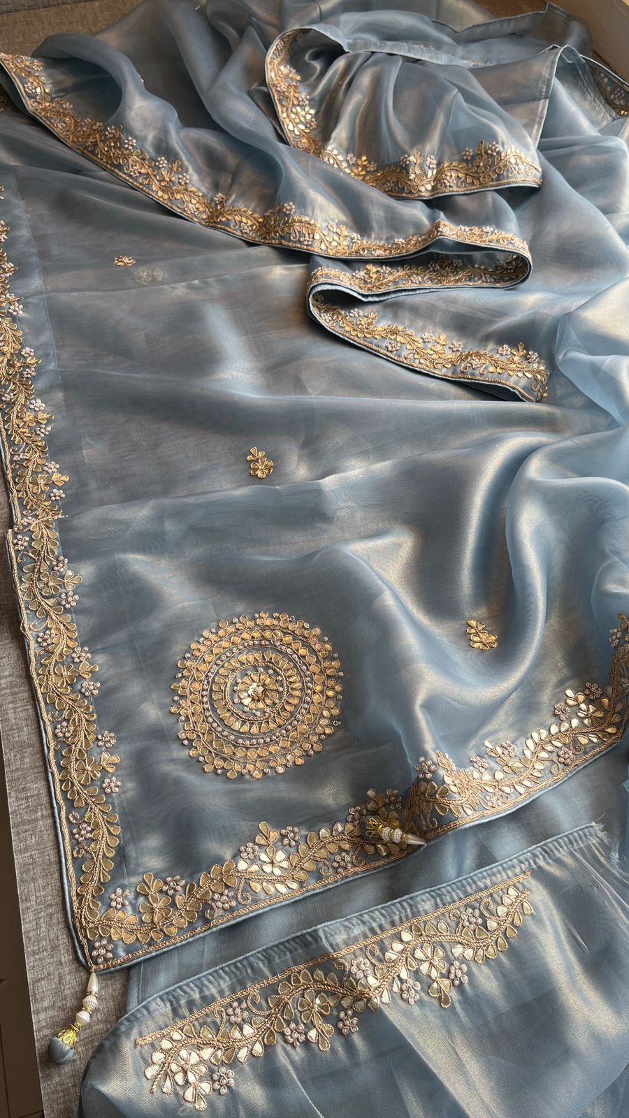 Soft Tissue Silk Saree with Gotapatti, Zardozi & Pearl Embellishments