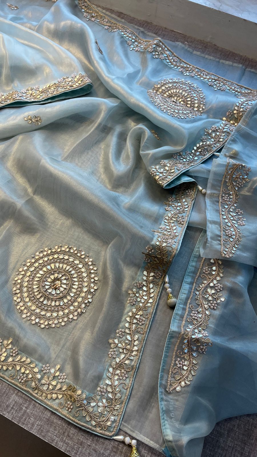 Soft Tissue Silk Saree with Gotapatti, Zardozi & Pearl Embellishments