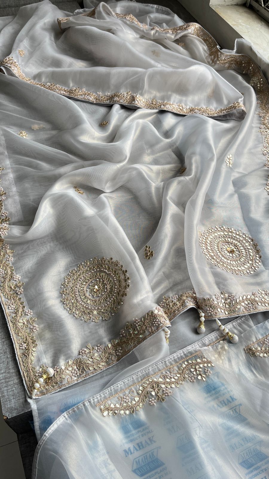 Soft Tissue Silk Saree with Gotapatti, Zardozi & Pearl Embellishments