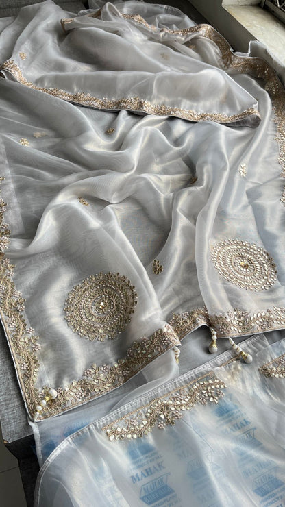 Soft Tissue Silk Saree with Gotapatti, Zardozi & Pearl Embellishments